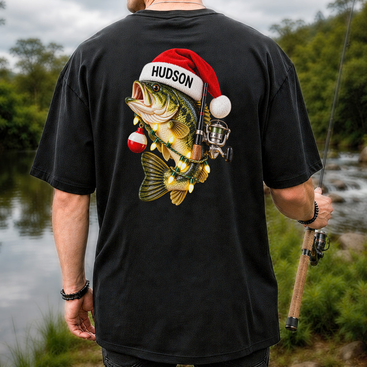 Hudson Santa Hat Bass Christmas Fishing Graphic T-Shirt | Back Print