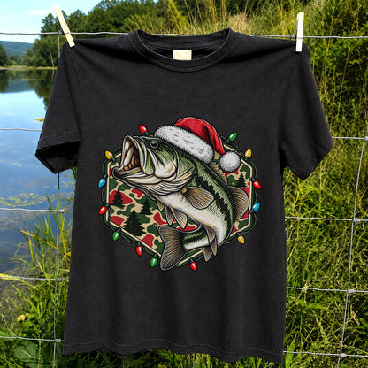 Santa Hat Largemouth Bass Christmas Fishing Graphic T-Shirt