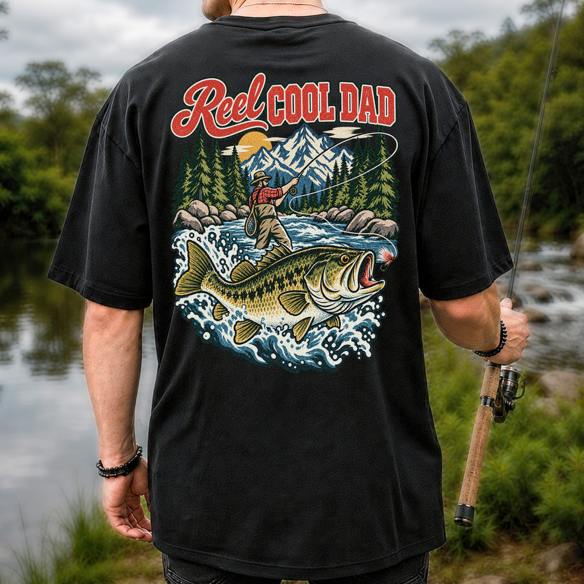 Reel Cool Dad Largemouth Bass Fishing Graphic T-Shirt | Back Print