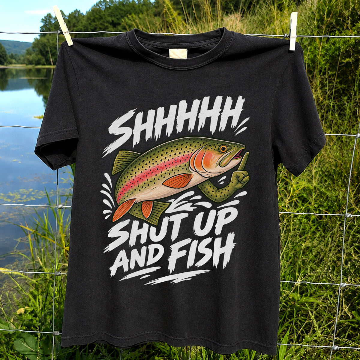 Shhhhh Shut Up and Fish Funny Rainbow Trout Fishing T-Shirt