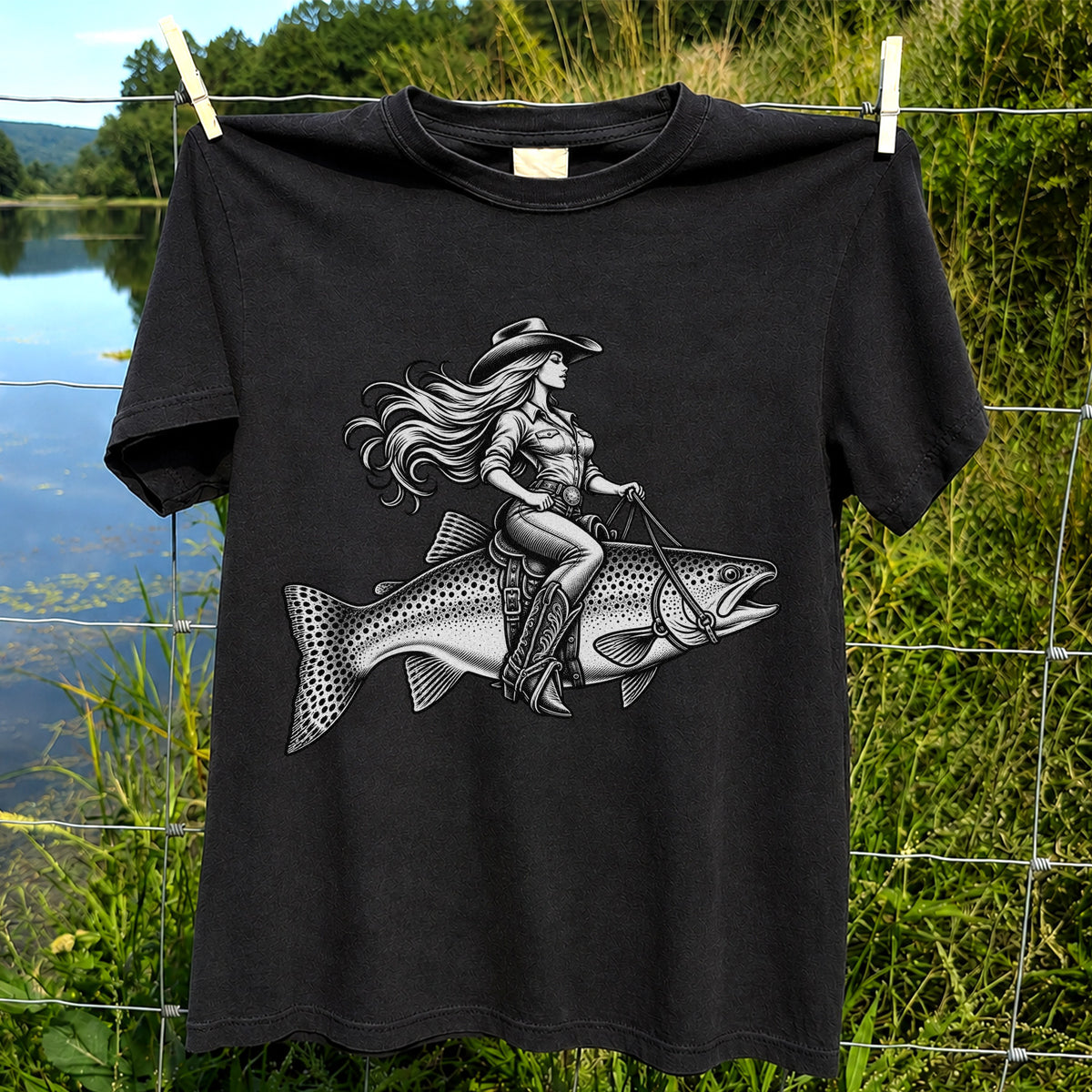Cowgirl Riding a Trout Western Fishing Graphic T-Shirt