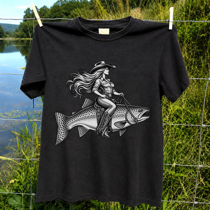 Cowgirl Riding a Trout Western Fishing Graphic T-Shirt