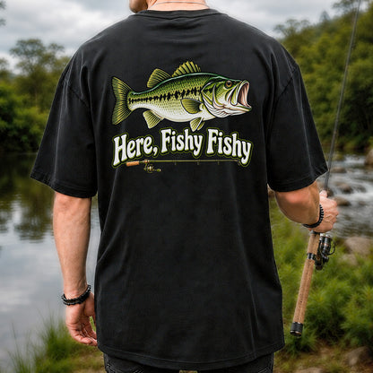 Here Fishy Fishy Funny Largemouth Bass Fishing Graphic T-Shirt | Back Print