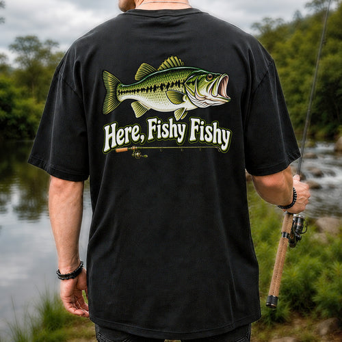 Here Fishy Fishy Funny Largemouth Bass Fishing Graphic T-Shirt | Back Print