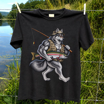 Wolf Angler Holding Rainbow Trout Fishing Graphic T-Shirt