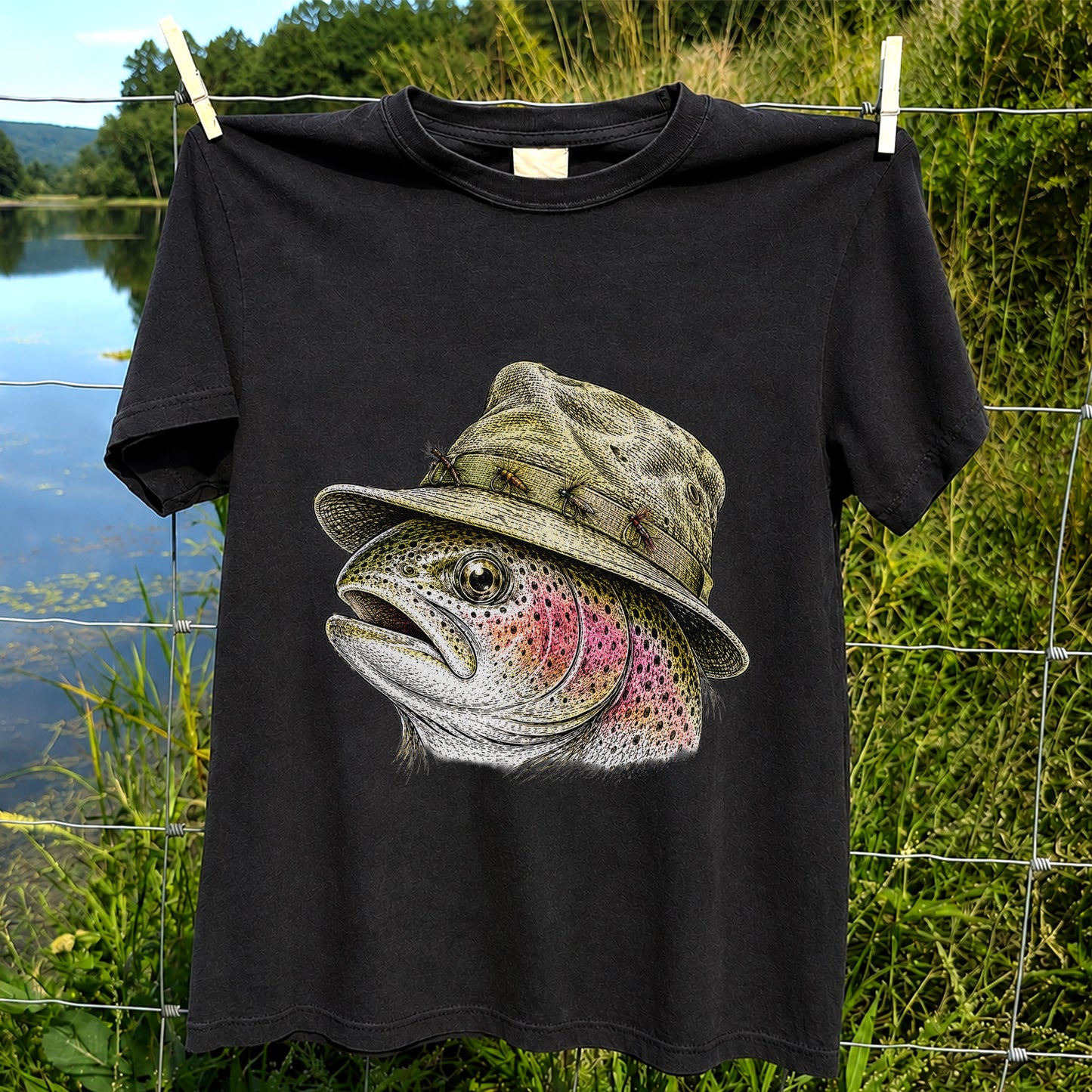 Rainbow Trout Wearing Fishing Hat Graphic T-Shirt