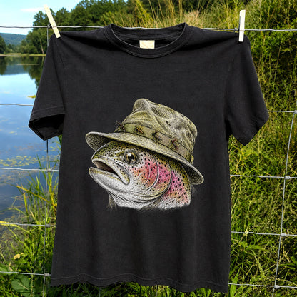 Rainbow Trout Wearing Fishing Hat Graphic T-Shirt