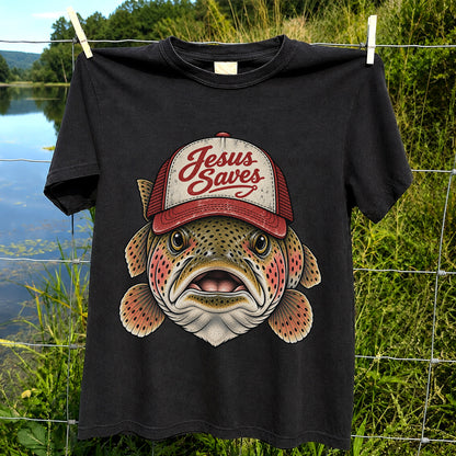 Jesus Saves Rainbow Trout in a Trucker Hat Fishing T-Shirt