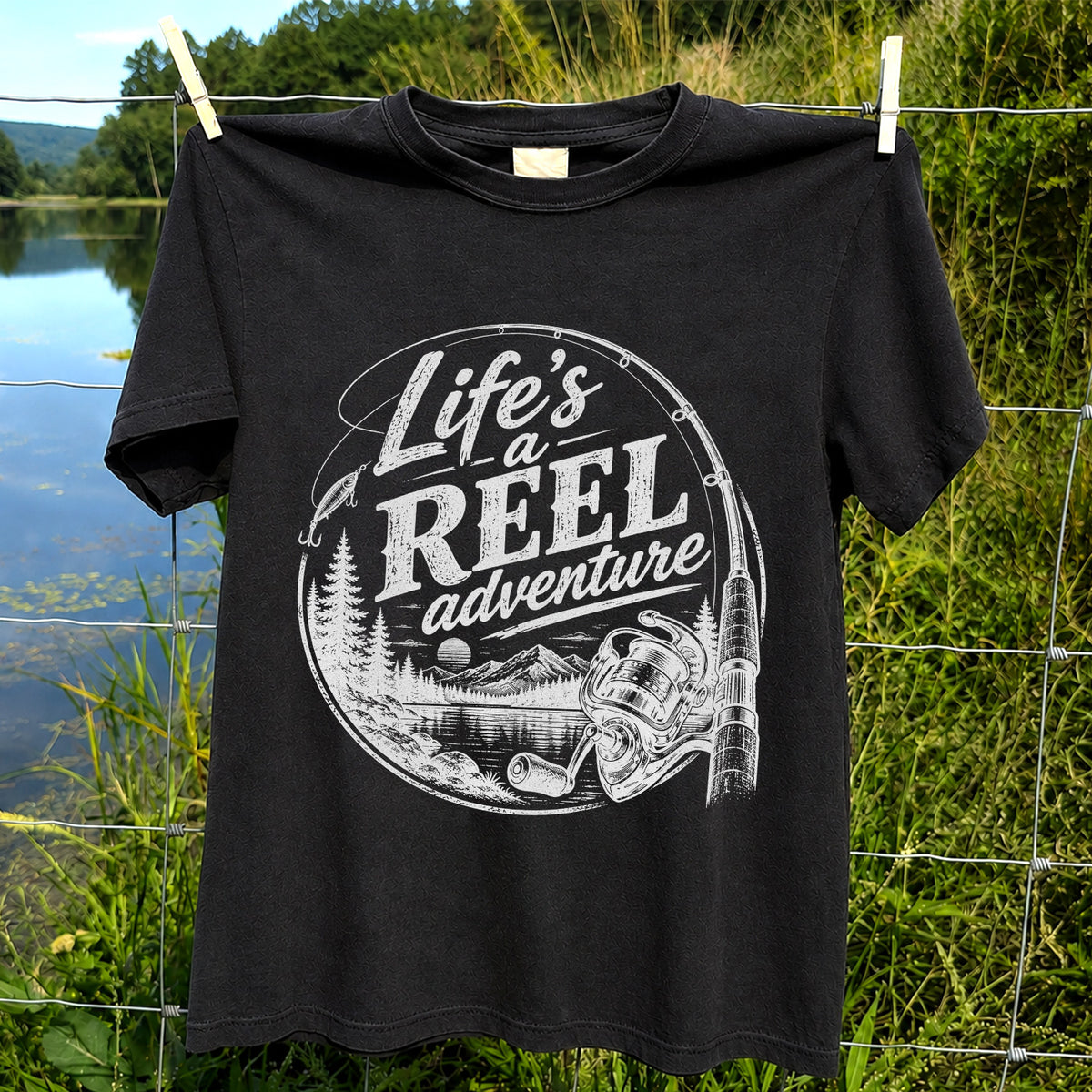 Life's a Reel Adventure Fishing Rod and Mountain Lake T-Shirt
