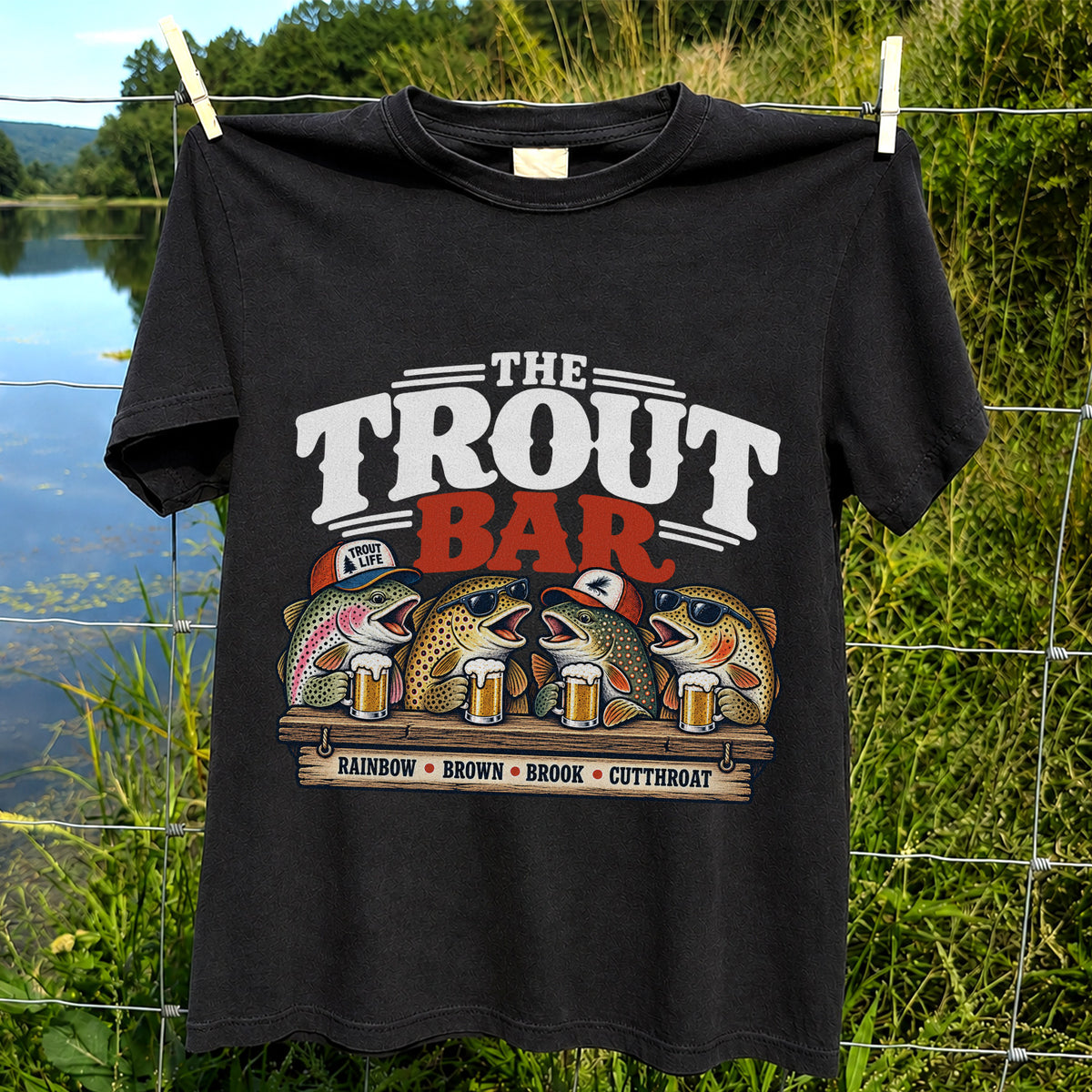 The Trout Bar Rainbow Brown Brook Cutthroat Funny Fishing T-Shirt