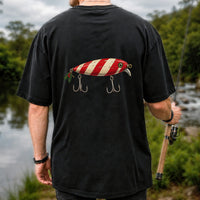 Vintage Red and Cream Fishing Lure Graphic T-Shirt | Back Print