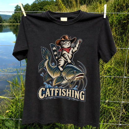 Catfishing Cowboy Cat Riding a Catfish Graphic T-Shirt