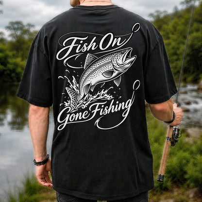 Fish On Gone Fishing Jumping Trout Graphic T-Shirt | Back Print
