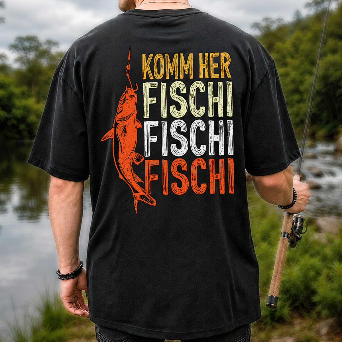 Komm Her Fischi Fischi Funny Catfish Fishing Graphic T-Shirt | Back Print