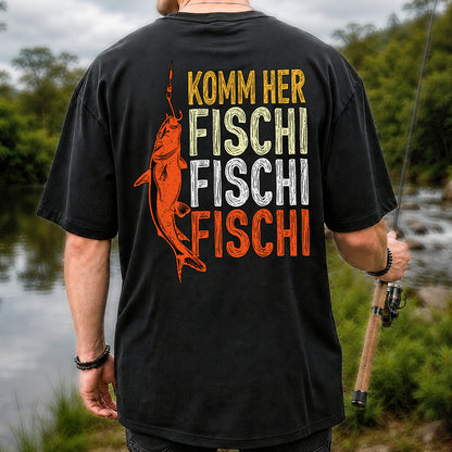 Komm Her Fischi Fischi Funny Catfish Fishing Graphic T-Shirt | Back Print