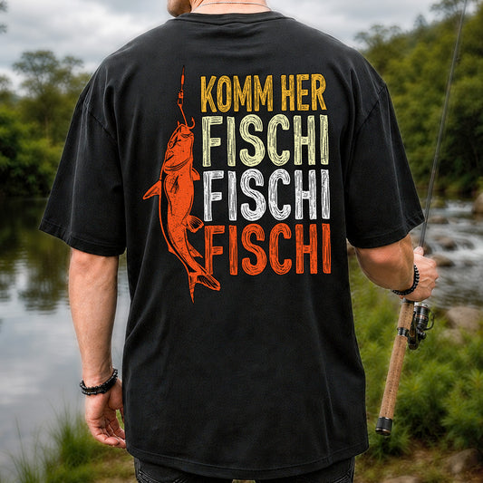 Komm Her Fischi Fischi Funny Catfish Fishing Graphic T-Shirt | Back Print