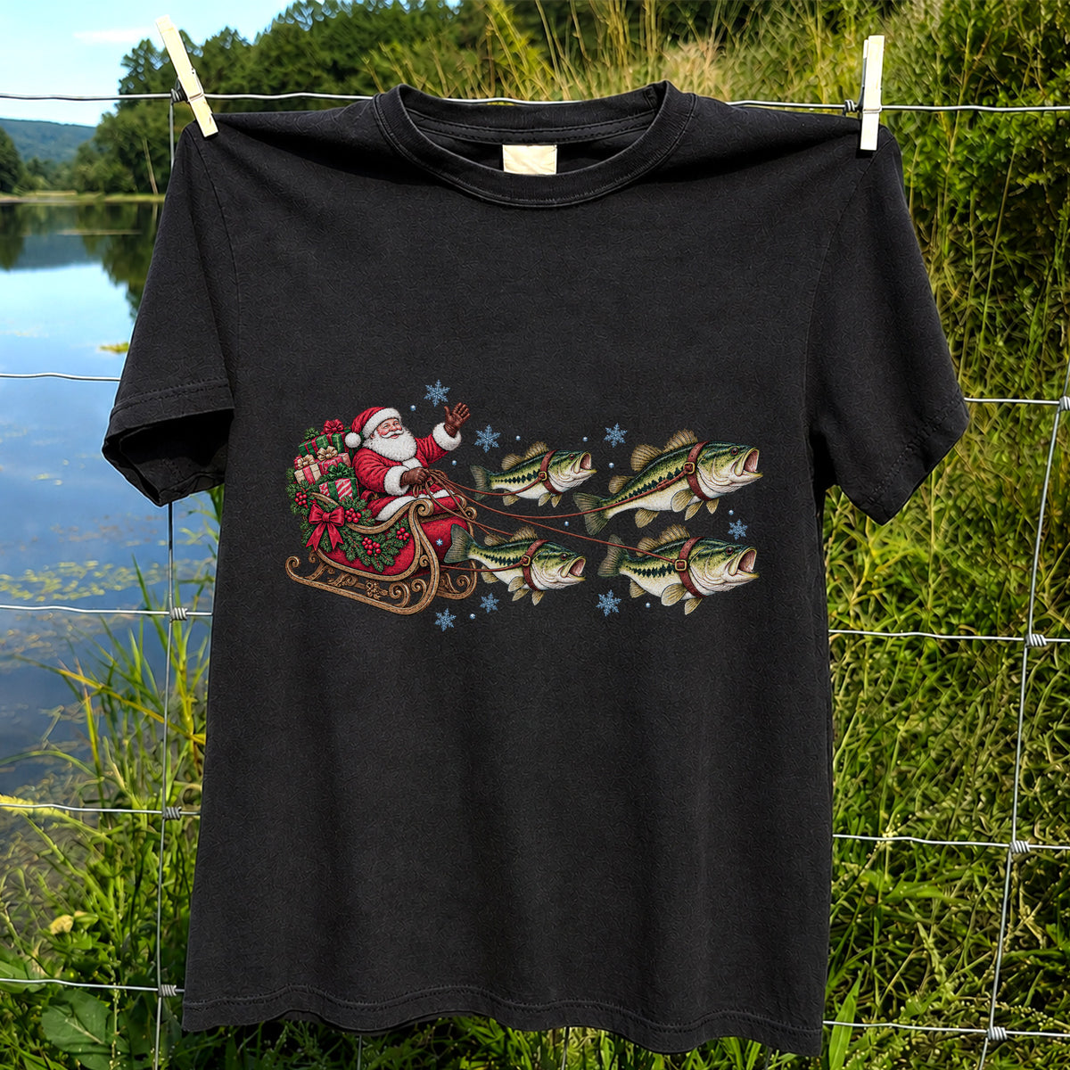 Santa in a Sleigh Pulled by Bass Christmas Fishing Graphic T-Shirt