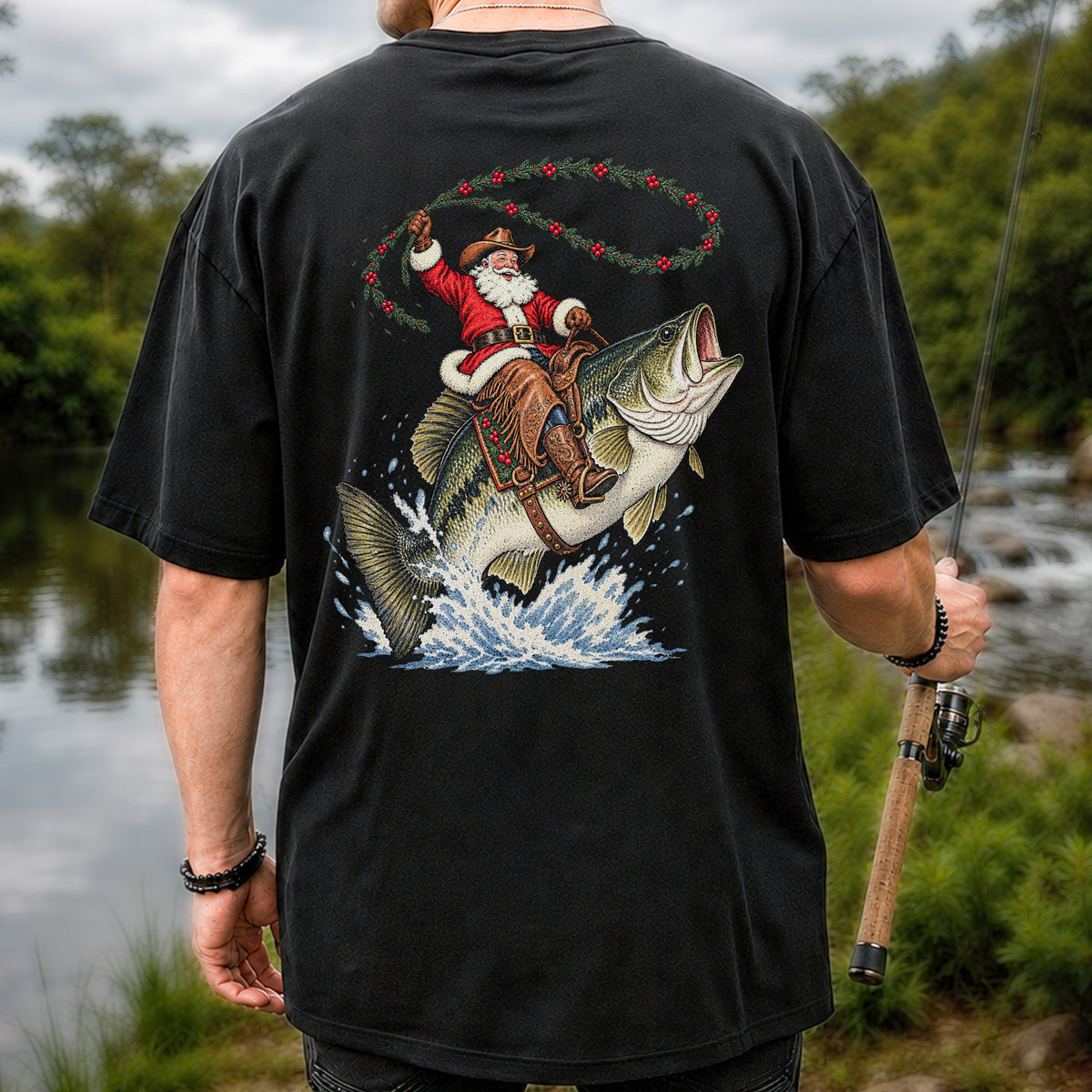 Cowboy Santa Riding a Jumping Bass Christmas Fishing Graphic T-Shirt | Back Print