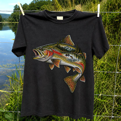 Rainbow Trout Mountain Lake Fishing Scene Graphic T-Shirt