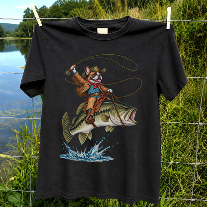 French Bulldog Cowboy Riding a Bass Fishing Graphic T-Shirt