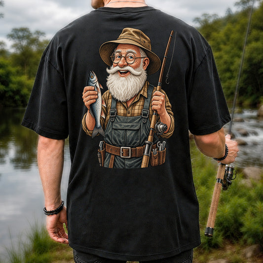 Bearded Angler Holding a Fish and Fishing Rod Graphic T-Shirt | Back Print