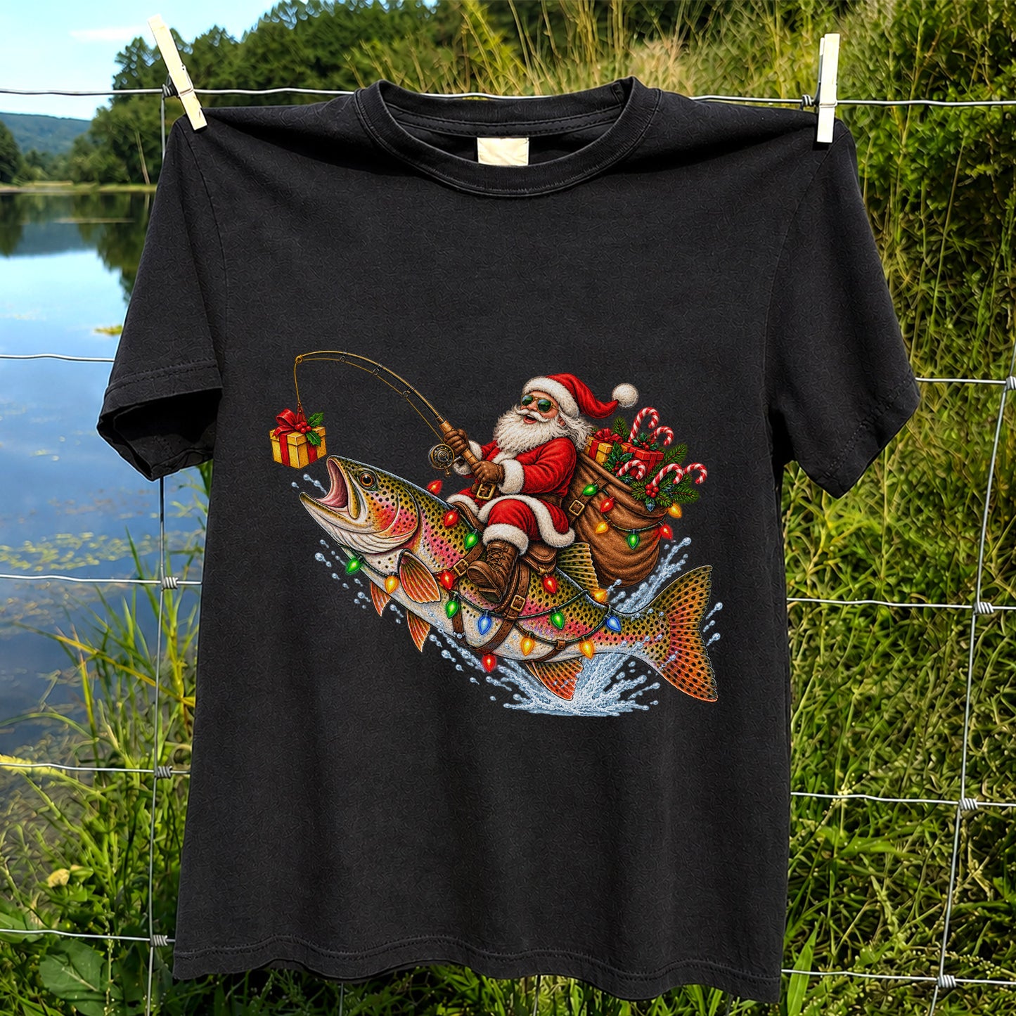 Santa Riding a Rainbow Trout Christmas Fishing Graphic T-Shirt
