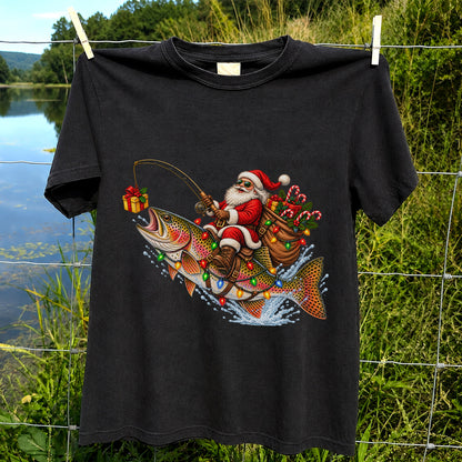 Santa Riding a Rainbow Trout Christmas Fishing Graphic T-Shirt