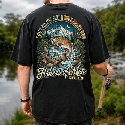 Follow Me and I Will Make You Fishers of Men Matt 4:19 Rainbow Trout Mountain River Fishing T-Shirt | Back Print