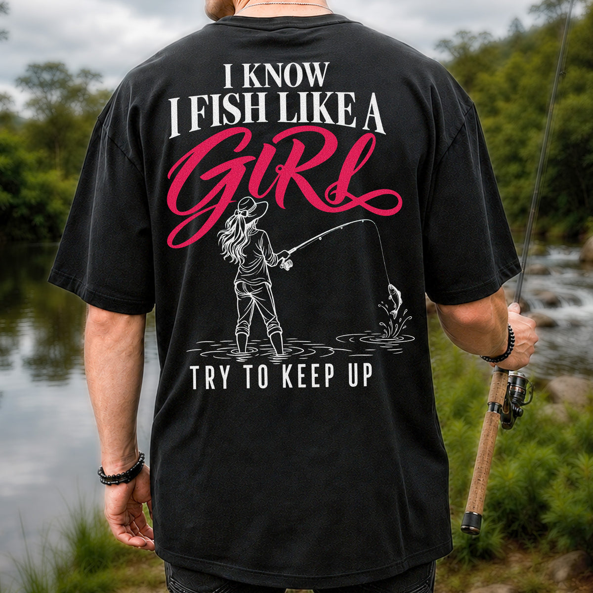 Funny Woman Fishing Graphic T-Shirt with Line Art Design | Back Print