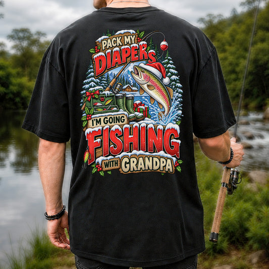 Pack My Diapers I'm Going Fishing With Grandpa Christmas Rainbow Trout T-Shirt | Back Print