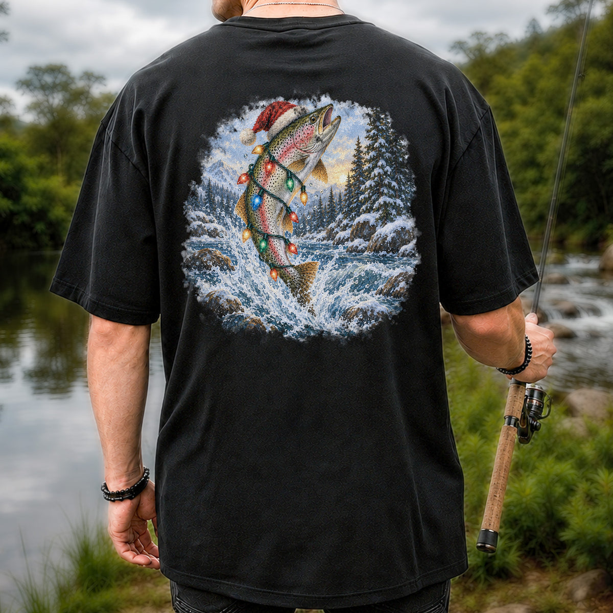 Santa Rainbow Trout with Christmas Lights Fishing T-Shirt | Back Print