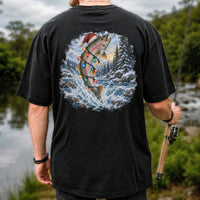 Santa Rainbow Trout with Christmas Lights Fishing T-Shirt | Back Print