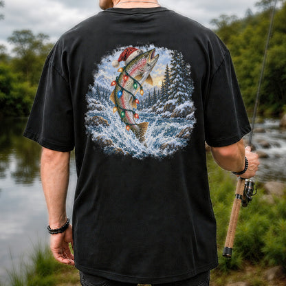Santa Rainbow Trout with Christmas Lights Fishing T-Shirt | Back Print