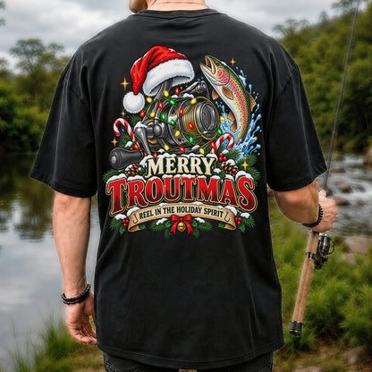 Merry Troutmas Reel in the Holiday Spirit Rainbow Trout and Fishing Reel T-Shirt | Back Print