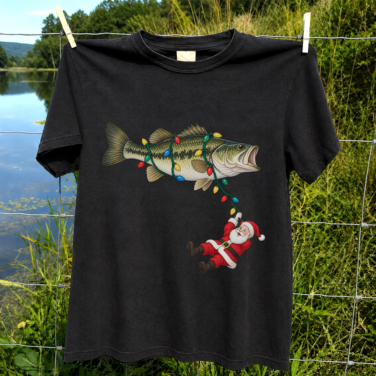 Santa Hanging from Christmas Lights on Bass Fishing Graphic T-Shirt