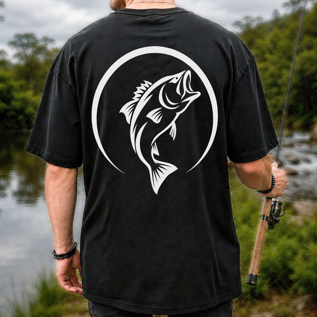 Minimalist Jumping Bass Fishing Silhouette T-Shirt | Back Print