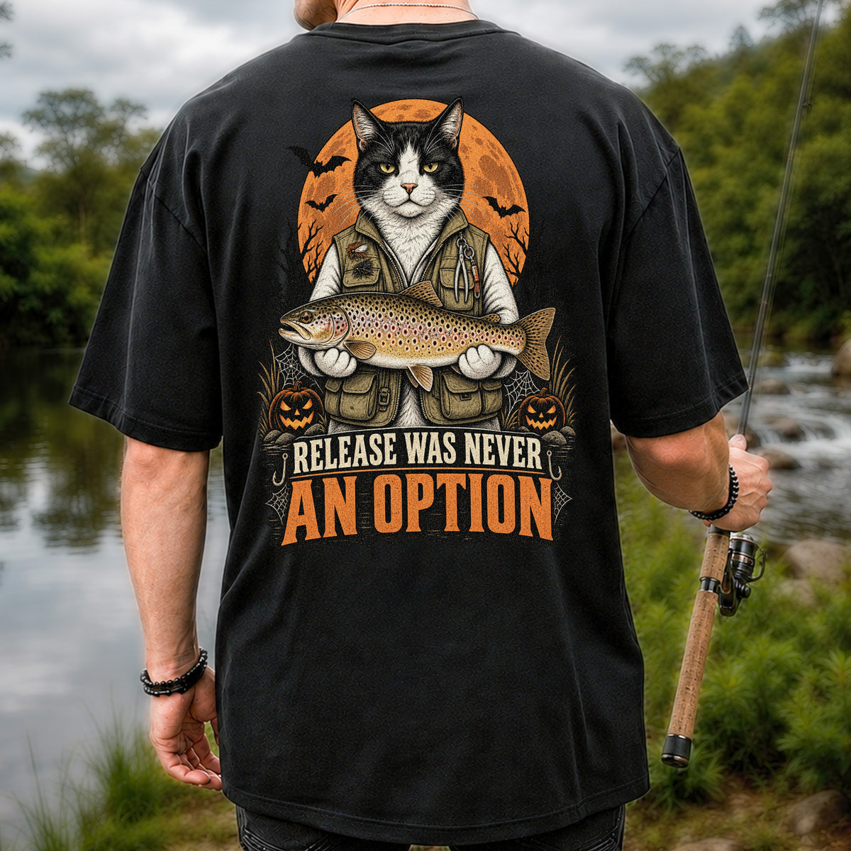 Release Was Never an Option Cat Holding Brown Trout Halloween Fishing T-Shirt | Back Print