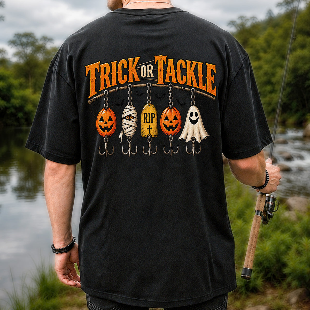 Trick or Tackle Pumpkin Ghost and Mummy Fishing Lures Halloween T-Shirt | Back Print