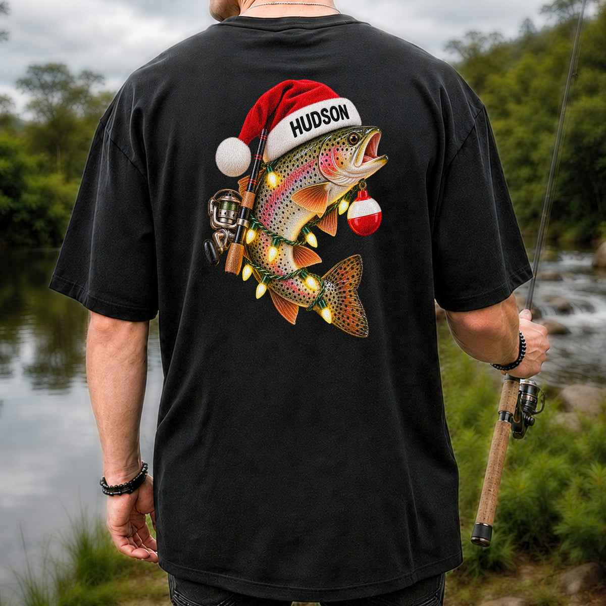 Hudson Santa Hat Rainbow Trout Christmas Fishing T-Shirt | Back Print