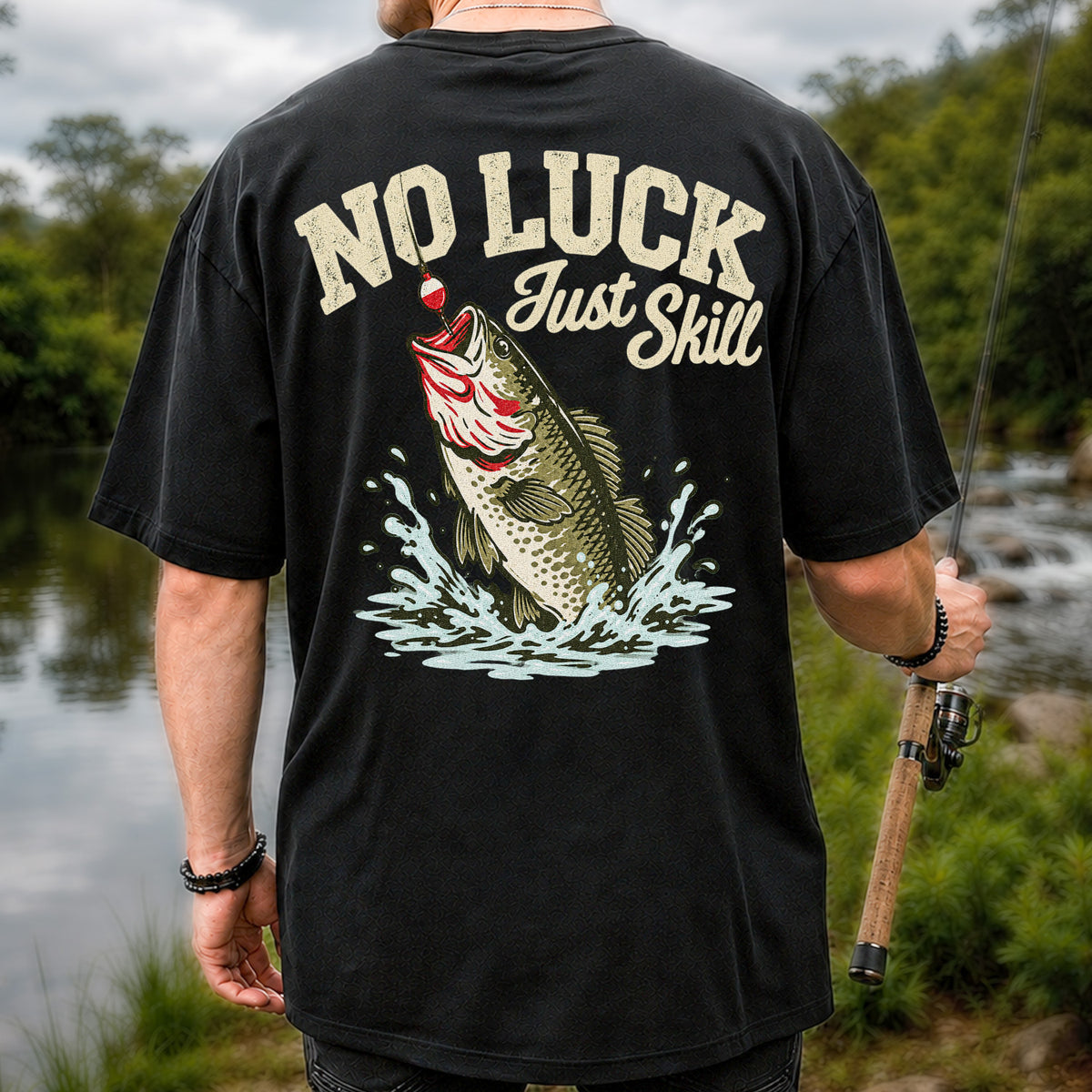 No Luck Just Skill Largemouth Bass Fishing Graphic T-Shirt | Back Print