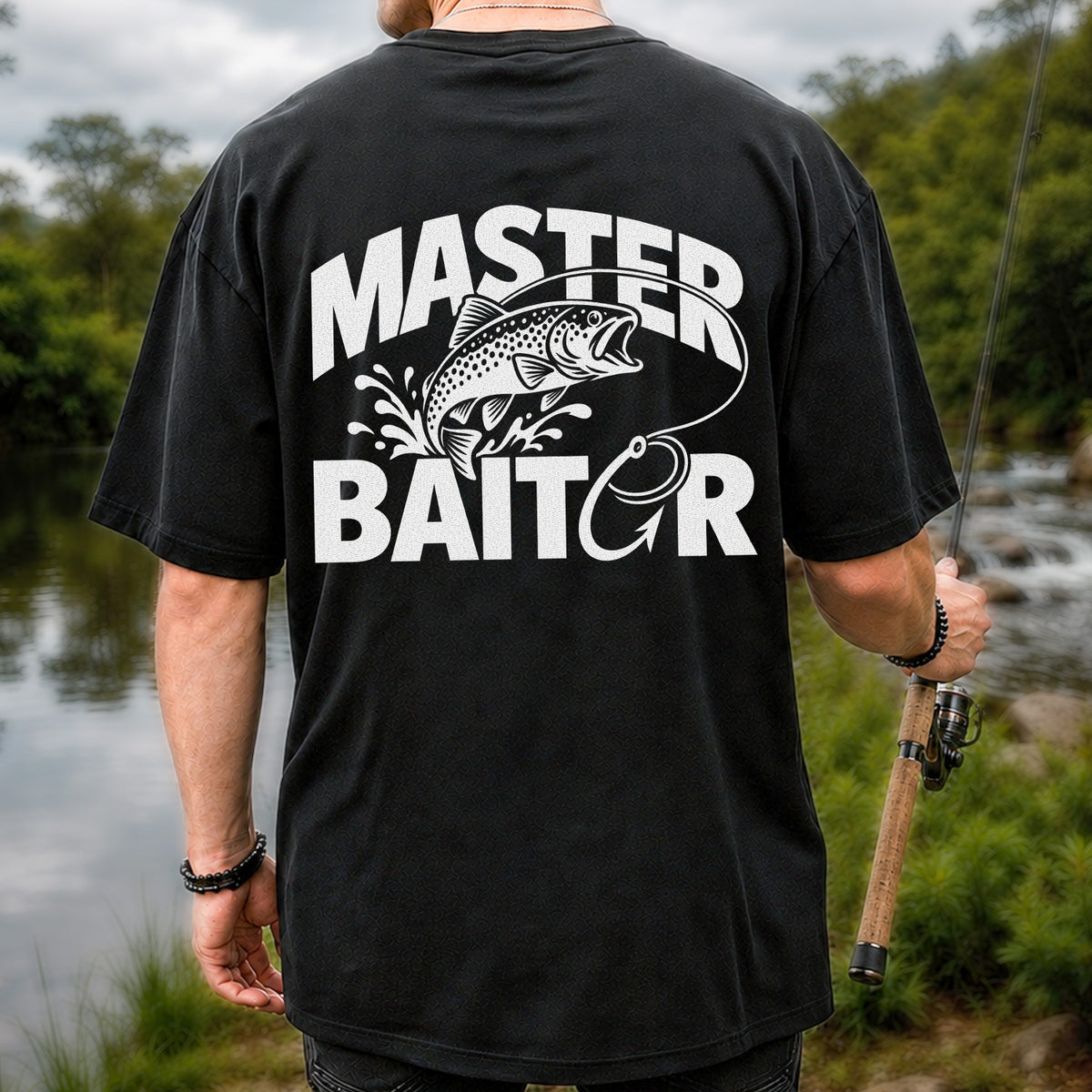 Master Baiter Funny Trout and Fishing Hook T-Shirt | Back Print