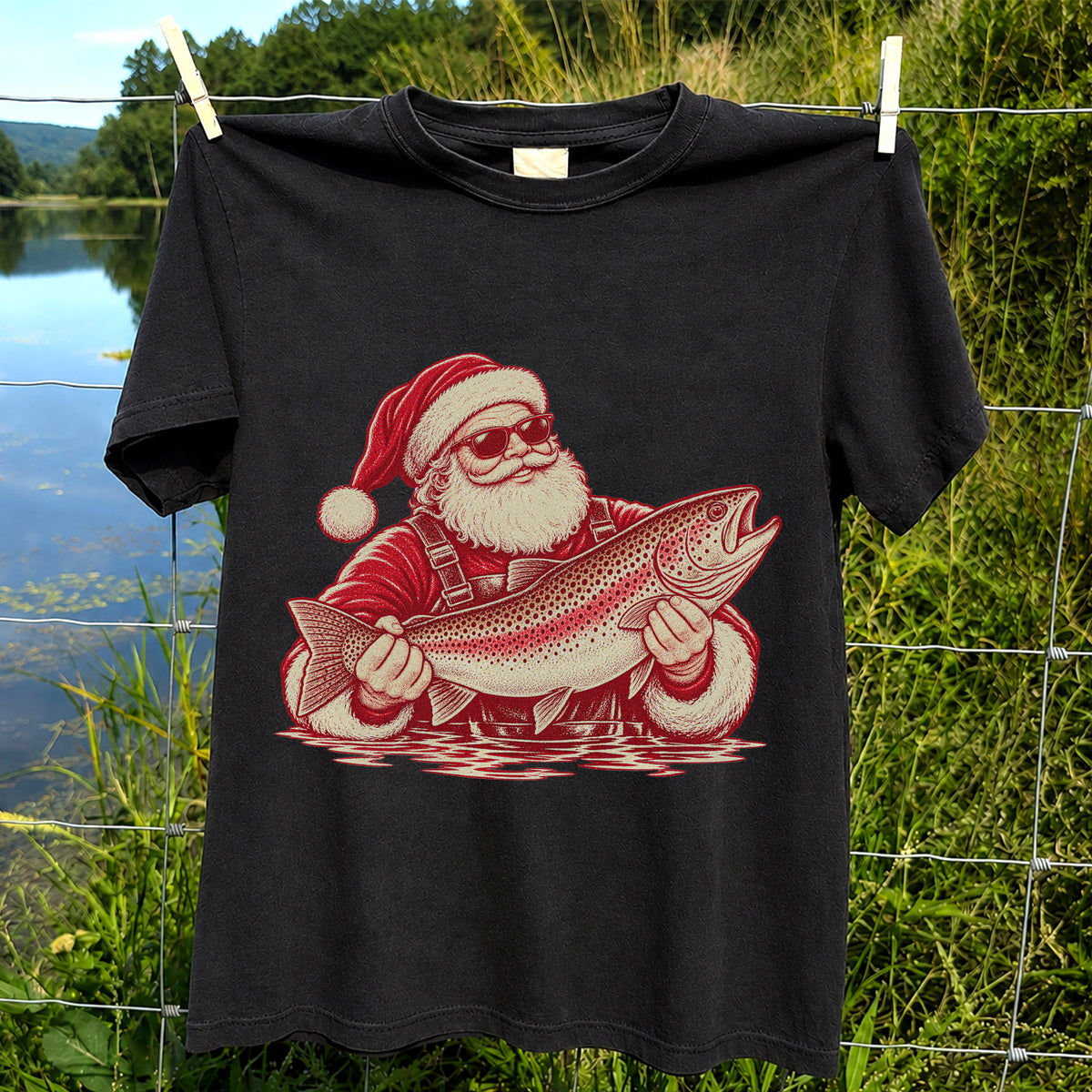 Santa Holding Trout Christmas Fishing Graphic T-Shirt
