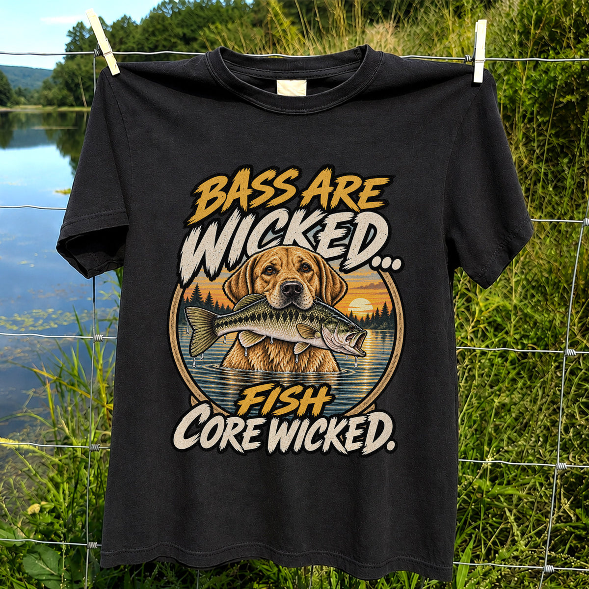 Bass Are Wicked Fish Core Wicked Dog Holding Bass Fishing T-Shirt