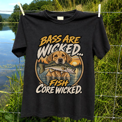 Bass Are Wicked Fish Core Wicked Dog Holding Bass Fishing T-Shirt