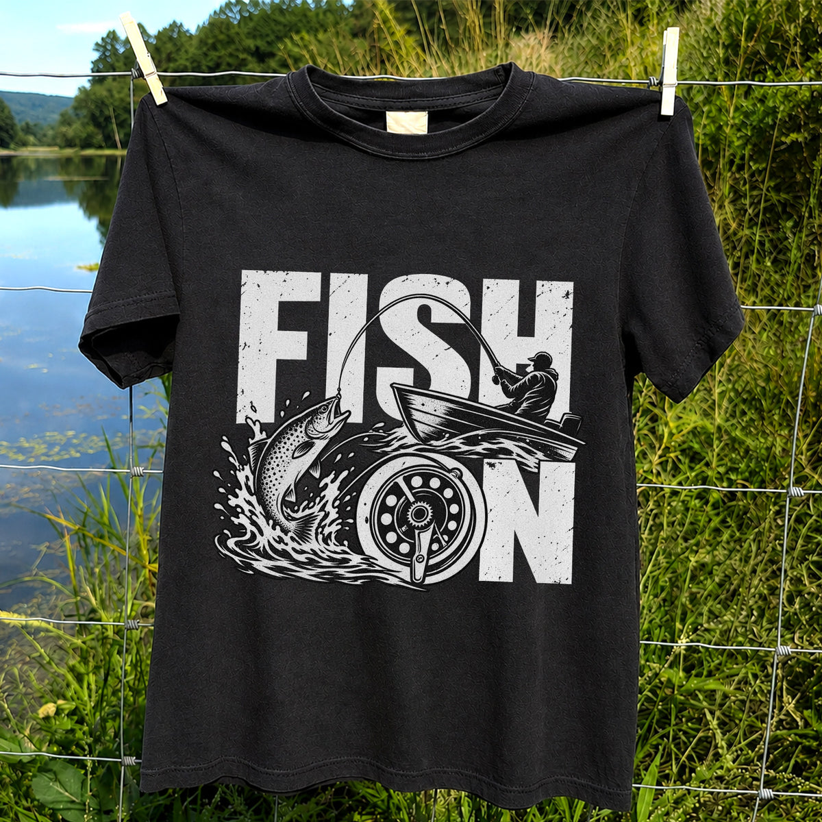 Fish On Jumping Trout and Fishing Boat Graphic T-Shirt
