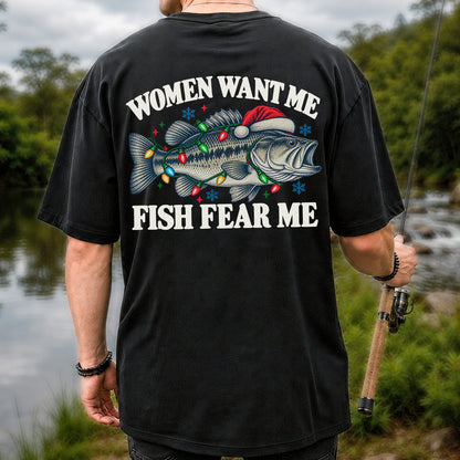 Women Want Me Fish Fear Me Christmas Bass T-Shirt | Back Print