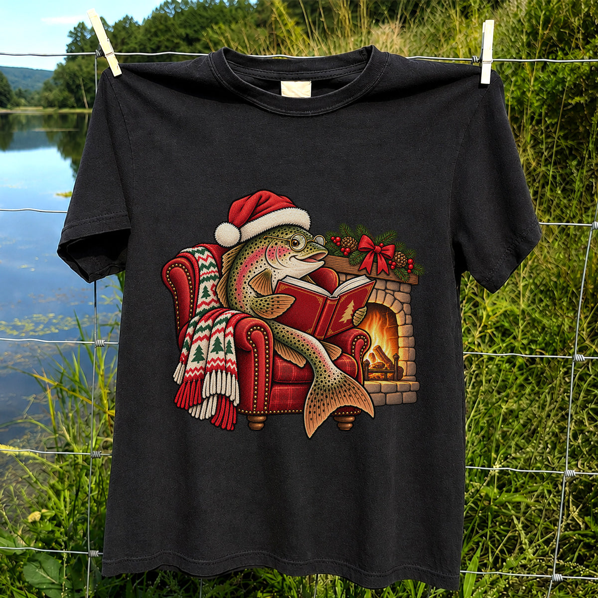 Christmas Trout Reading by the Fireplace Fishing T-Shirt