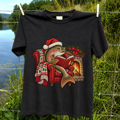 Christmas Trout Reading by the Fireplace Fishing T-Shirt