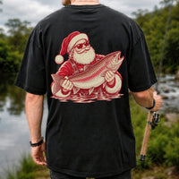 Santa Holding Trout Christmas Fishing Graphic T-Shirt | Back Print