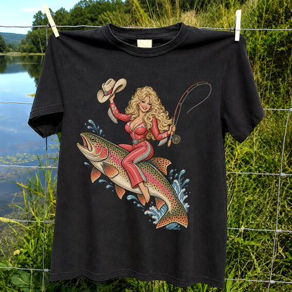 Cowgirl Riding a Rainbow Trout Western Fishing Graphic T-Shirt